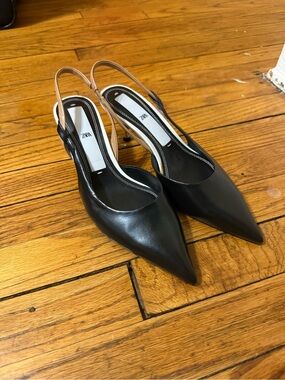 Zara Black Pointed Slingback Heels with Nude Strap
